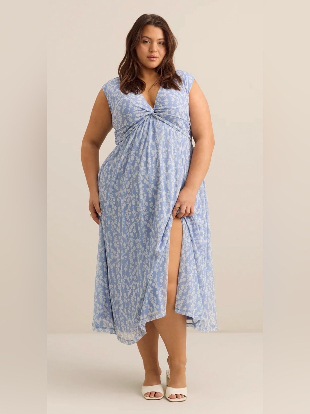 ADDITION ELLE  Knitted V-Neck Mesh Maxi Dress - Blue Heron Print